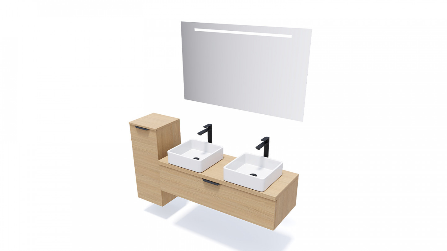 Meuble de salle de bain suspendu 2 vasques à poser 120cm 1 tiroir Chêne clair + miroir - Swing