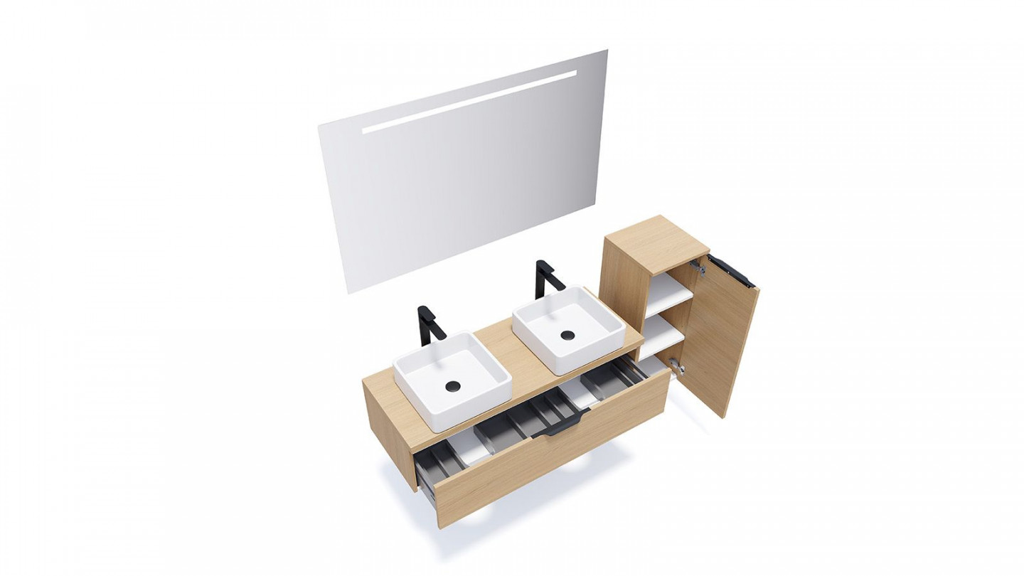 Meuble de salle de bain suspendu 2 vasques à poser 120cm 1 tiroir Chêne clair + miroir + colonne ouverture droite - Swing