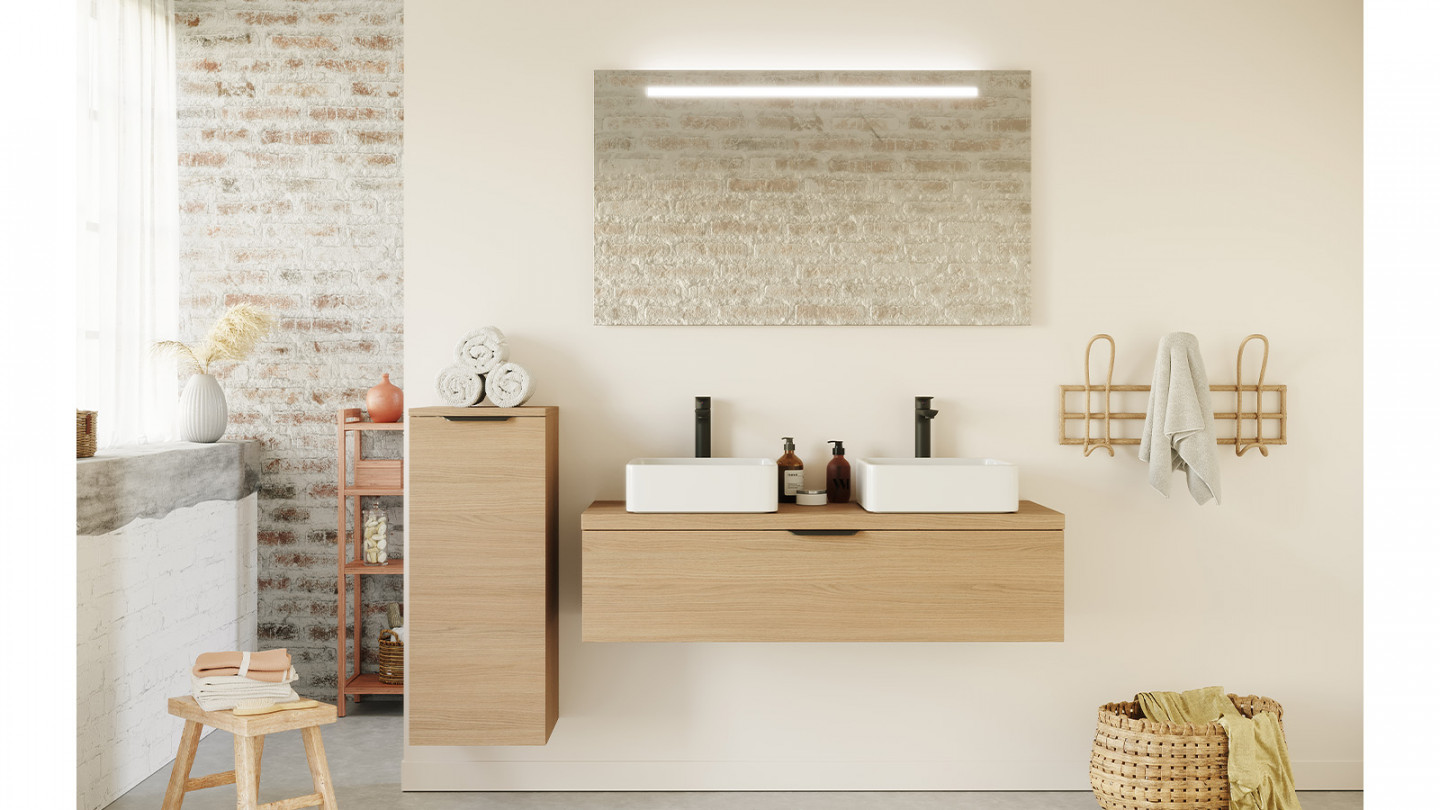 Meuble de salle de bain suspendu 2 vasques à poser 120cm 1 tiroir Chêne clair + miroir + colonne ouverture gauche - Swing