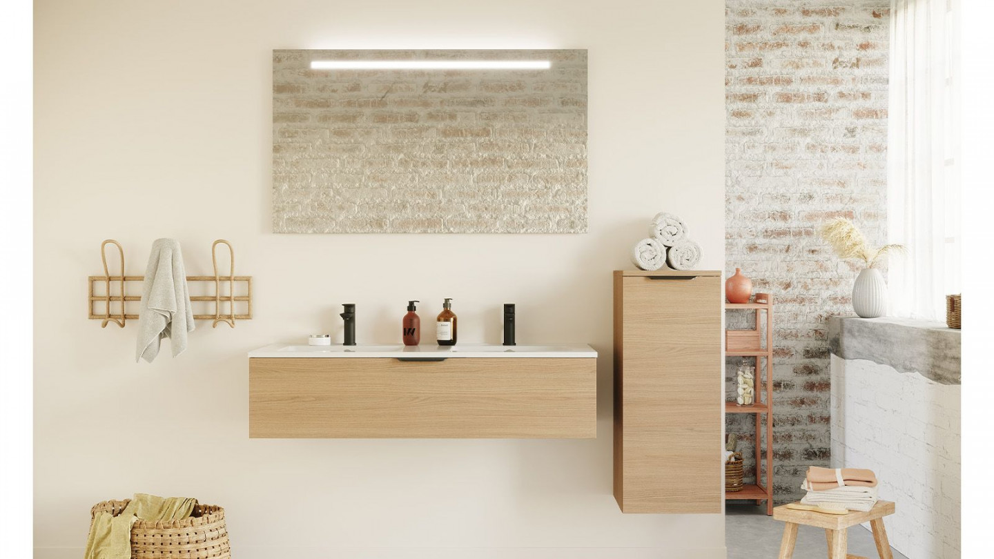 Meuble de salle de bain suspendu double vasque intégrée 120cm 1 tiroir Chêne clair + miroir + colonne ouverture droite - Swing