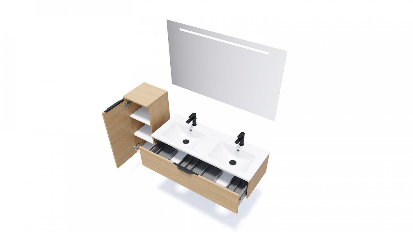 Meuble de salle de bain suspendu double vasque intégrée 120cm 1 tiroir Chêne clair + miroir + colonne ouverture gauche - Swing