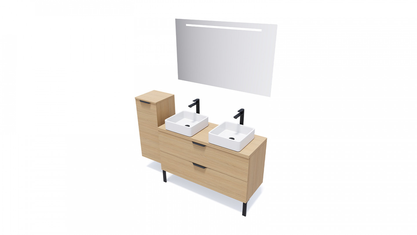 Meuble de salle de bain suspendu 2 vasques à poser 120cm 2 tiroirs Chêne clair + miroir - Swing