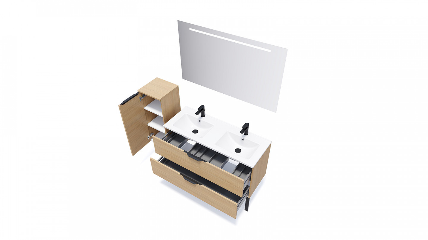 Meuble de salle de bain suspendu double vasque intégrée 120cm 2 tiroirs Chêne clair + miroir + colonne ouverture gauche - Swing