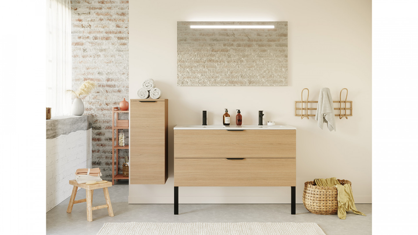 Meuble de salle de bain suspendu double vasque intégrée 120cm 2 tiroirs Chêne clair + miroir + colonne ouverture gauche - Swing