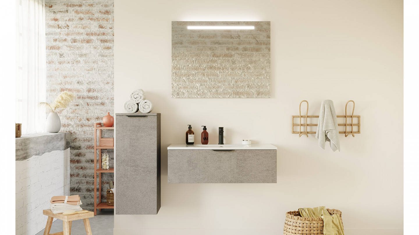 Meuble de salle de bain suspendu vasque intégrée 90cm 1 tiroir façon Béton - Swing