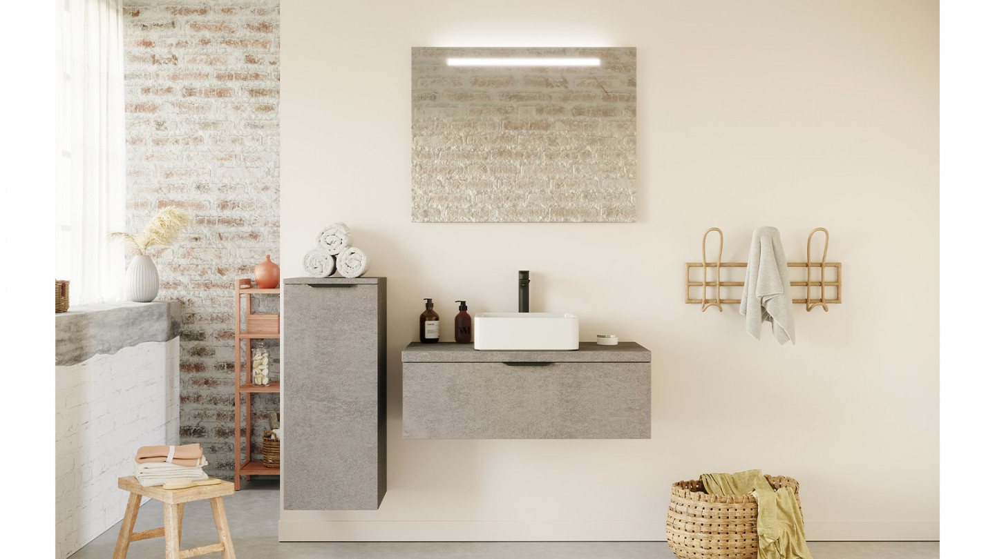 Meuble de salle de bain suspendu vasque à poser 90cm 1 tiroir façon Béton + miroir - Swing