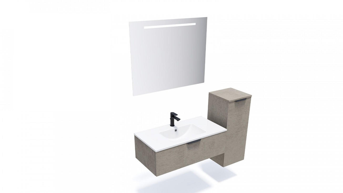 Meuble de salle de bain suspendu vasque intégrée 90cm 1 tiroir façon Béton + miroir + colonne ouverture droite - Swing