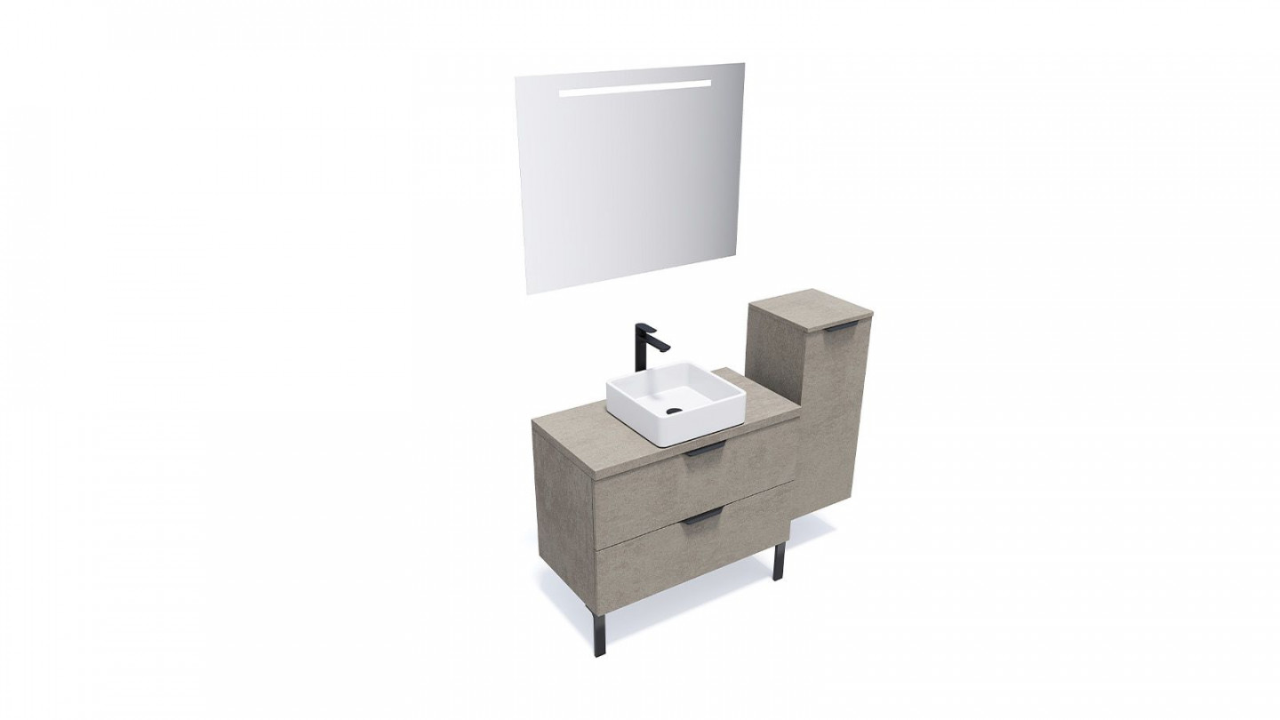 Meuble de salle de bain suspendu vasque à poser 90cm 2 tiroirs façon Béton + miroir + colonne ouverture droite - Swing