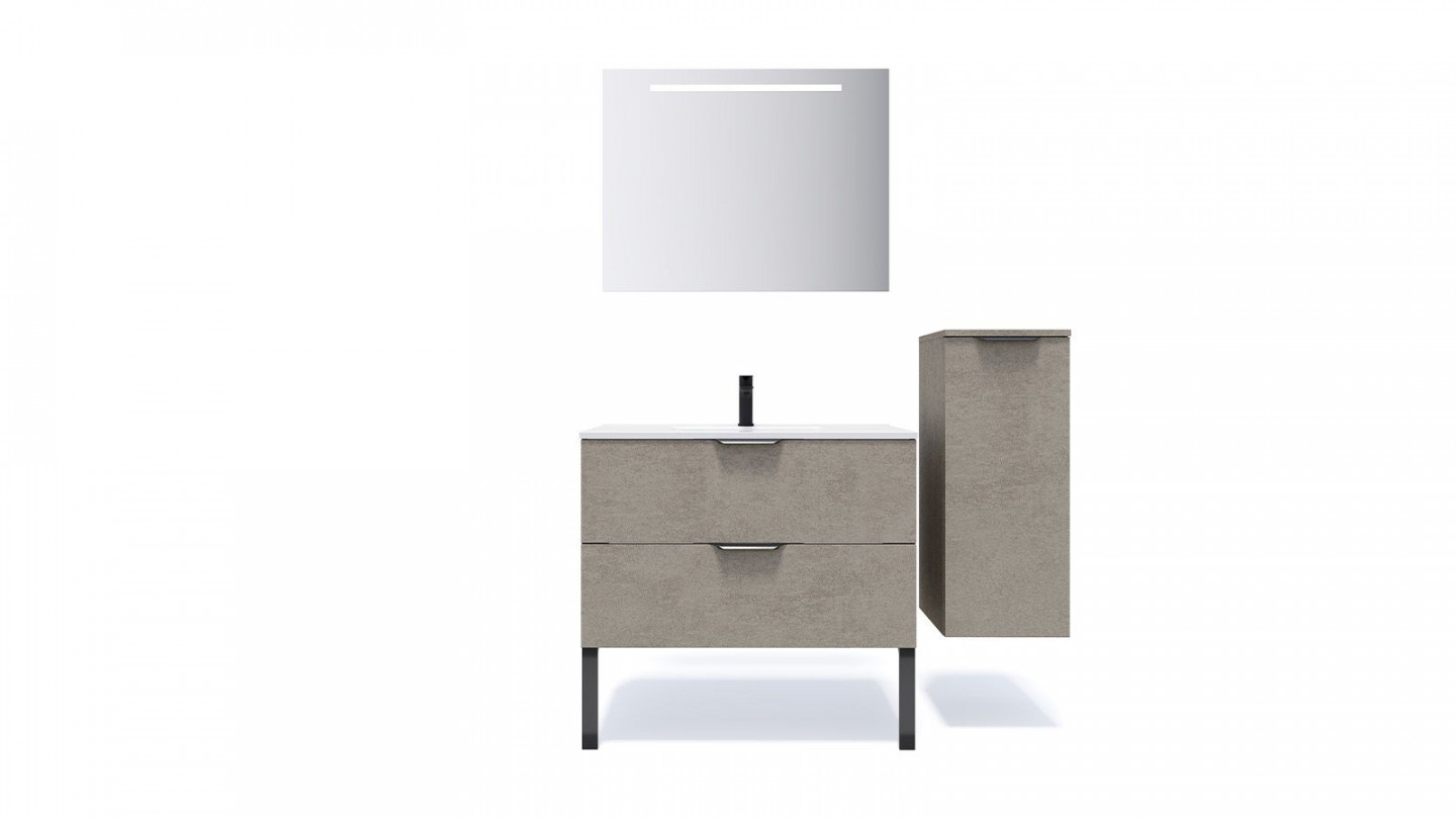 Meuble de salle de bain suspendu vasque intégrée 90cm 2 tiroirs façon Béton + miroir + colonne ouverture droite - Swing