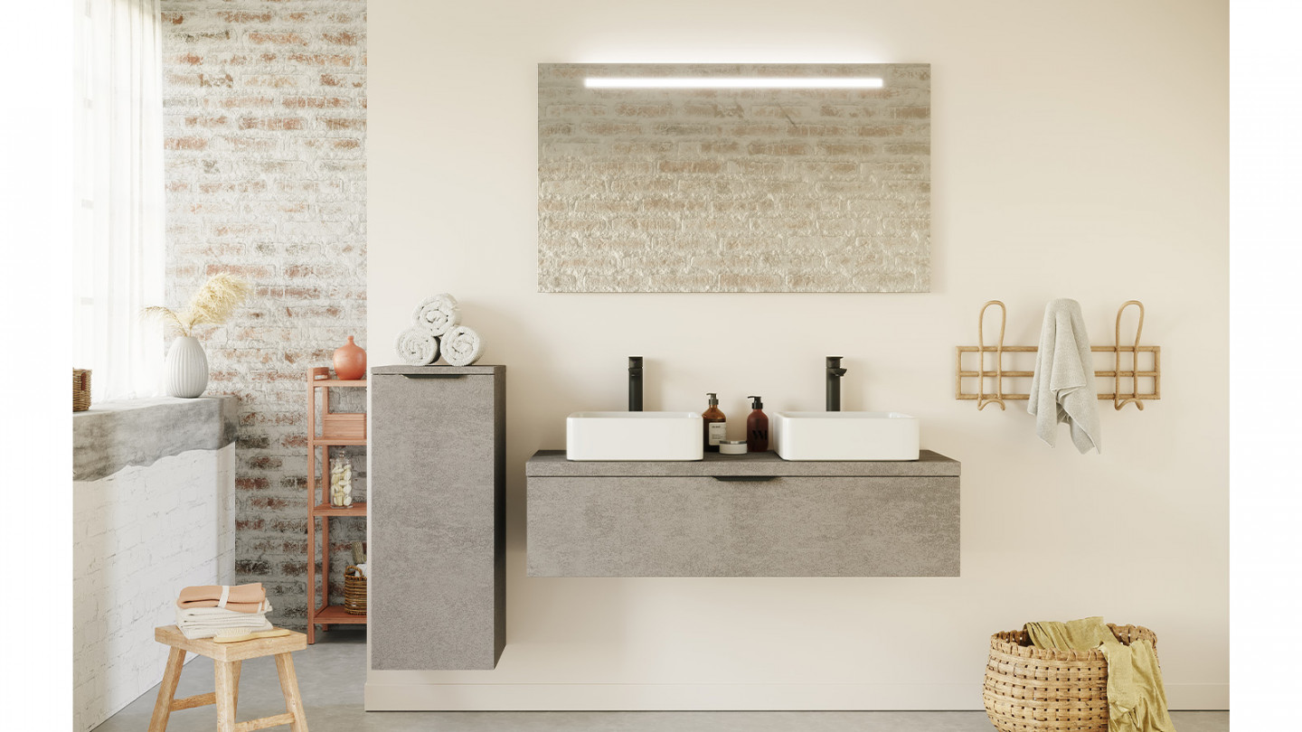 Meuble de salle de bain suspendu 2 vasques à poser 120cm 1 tiroir façon Béton + miroir - Swing