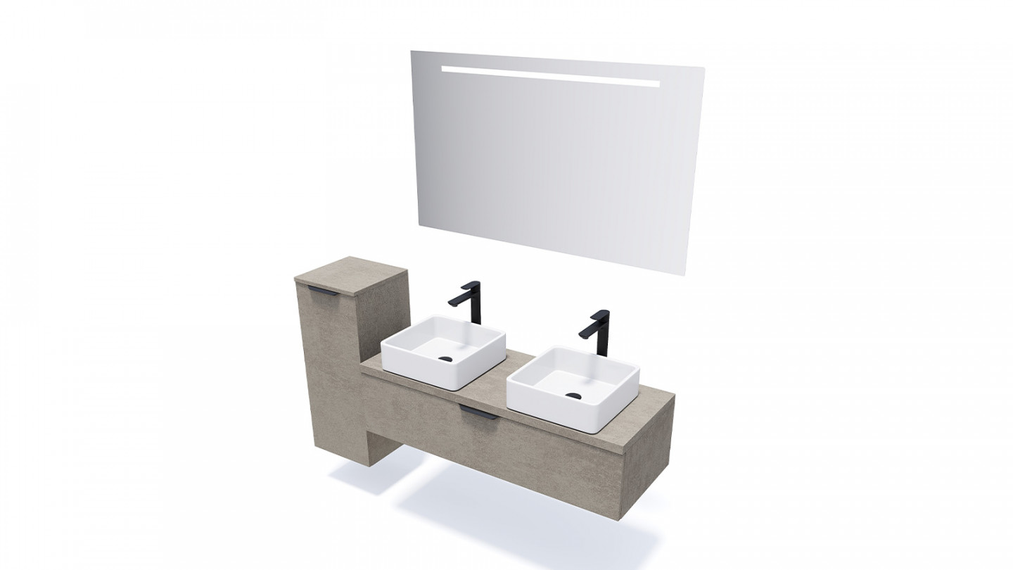 Meuble de salle de bain suspendu 2 vasques à poser 120cm 1 tiroir façon Béton + miroir - Swing