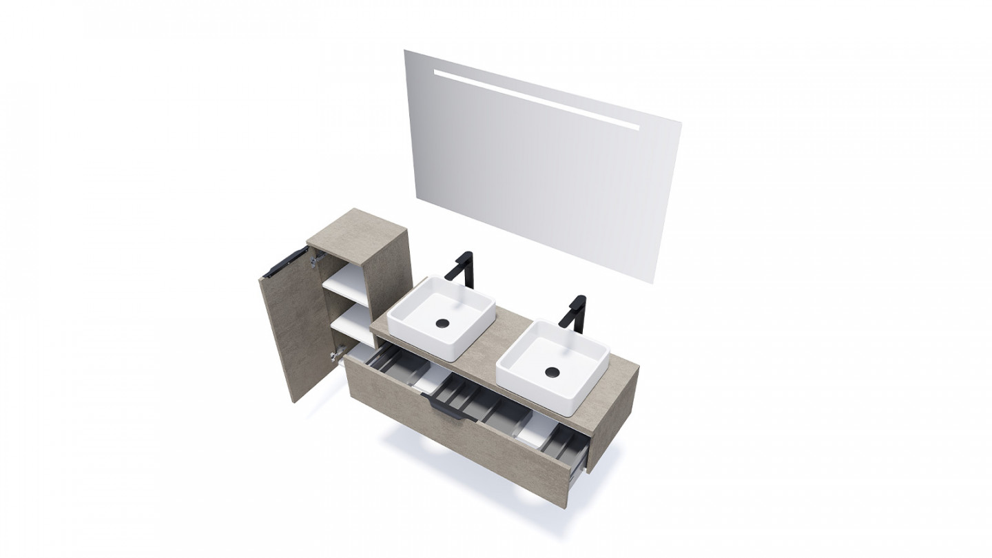 Meuble de salle de bain suspendu 2 vasques à poser 120cm 1 tiroir façon Béton + miroir - Swing