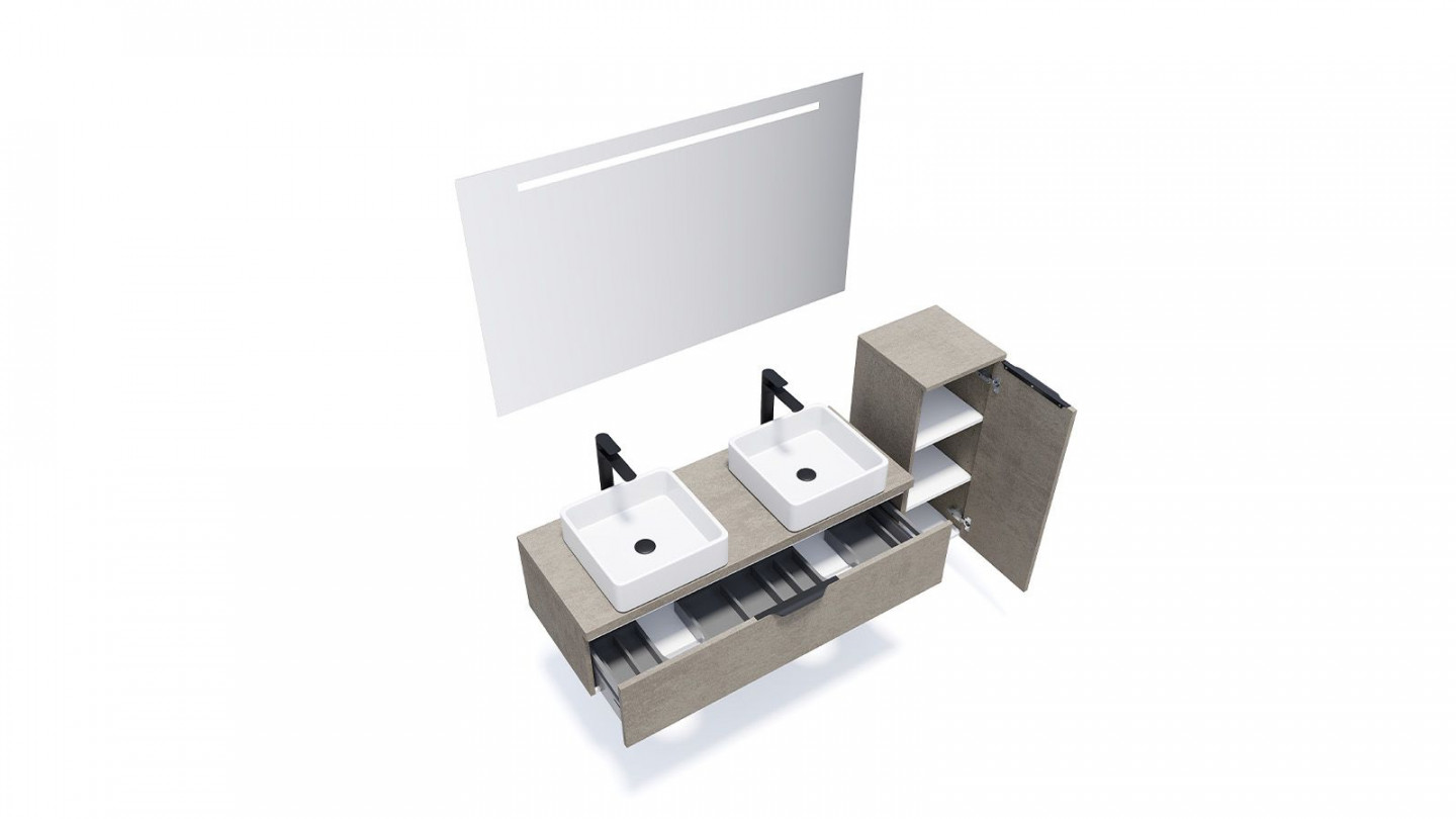 Meuble de salle de bain suspendu 2 vasques à poser 120cm 1 tiroir façon Béton + miroir + colonne ouverture droite - Swing
