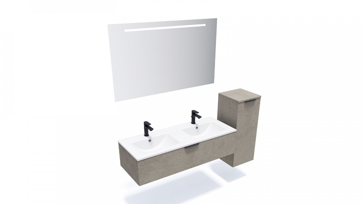 Meuble de salle de bain suspendu double vasque intégrée 120cm 1 tiroir façon Béton + miroir + colonne ouverture droite - Swing