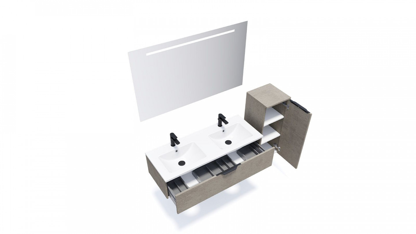 Meuble de salle de bain suspendu double vasque intégrée 120cm 1 tiroir façon Béton + miroir + colonne ouverture droite - Swing