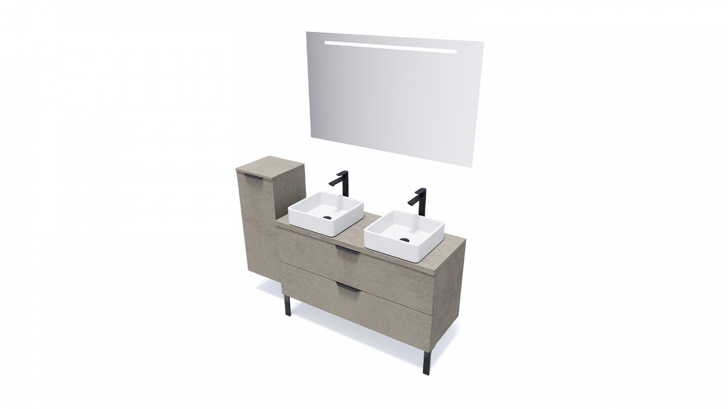 Meuble de salle de bain suspendu 2 vasques à poser 120cm 2 tiroirs façon Béton + miroir + colonne ouverture gauche - Swing