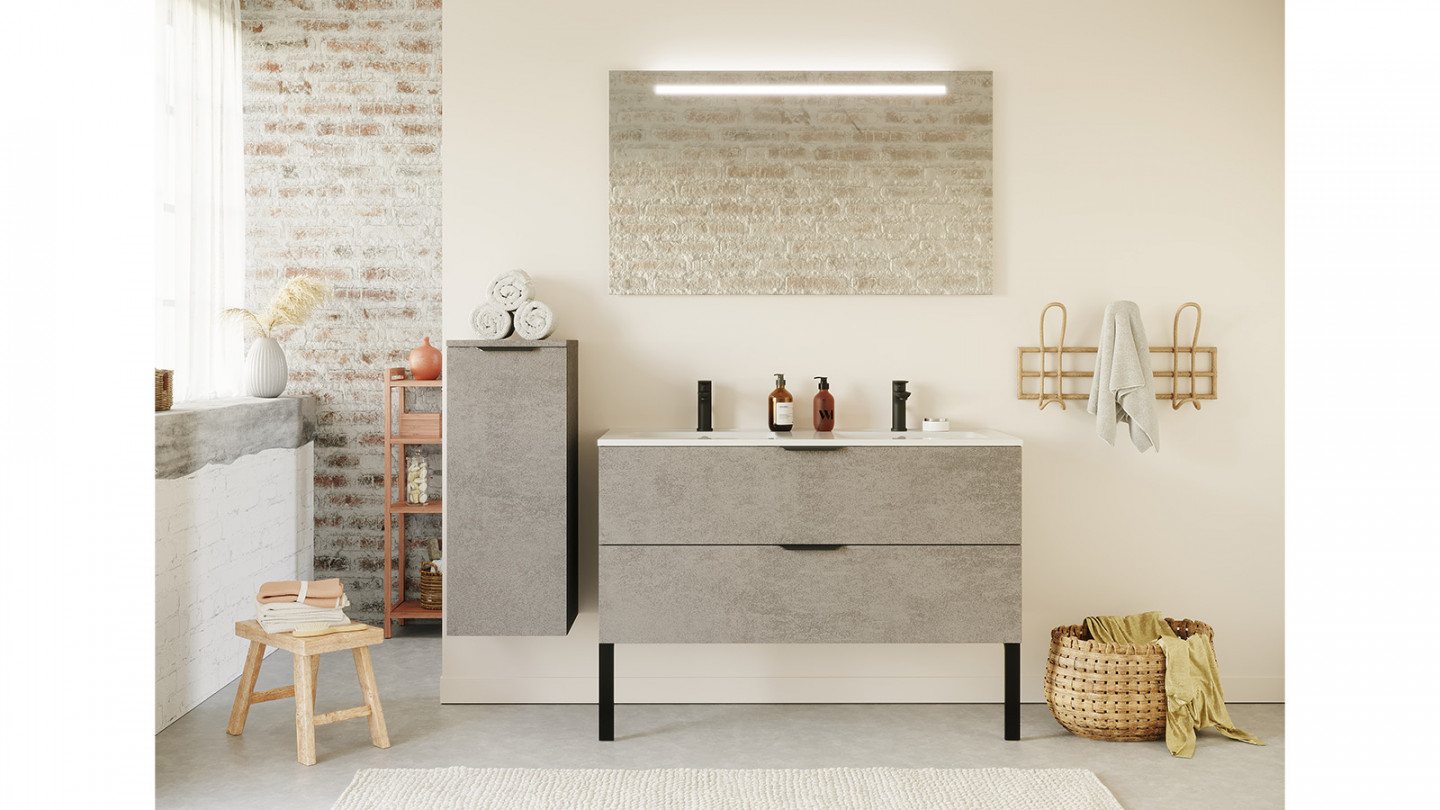 Meuble de salle de bain suspendu double vasque intégrée 120cm 2 tiroirs façon Béton + miroir + colonne ouverture gauche - Swing