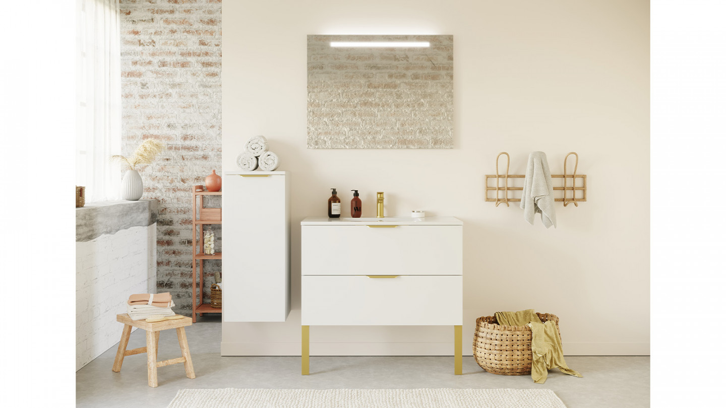 Meuble de salle de bain suspendu vasque intégrée 90cm 2 tiroirs Blanc + miroir + colonne ouverture gauche - Swing