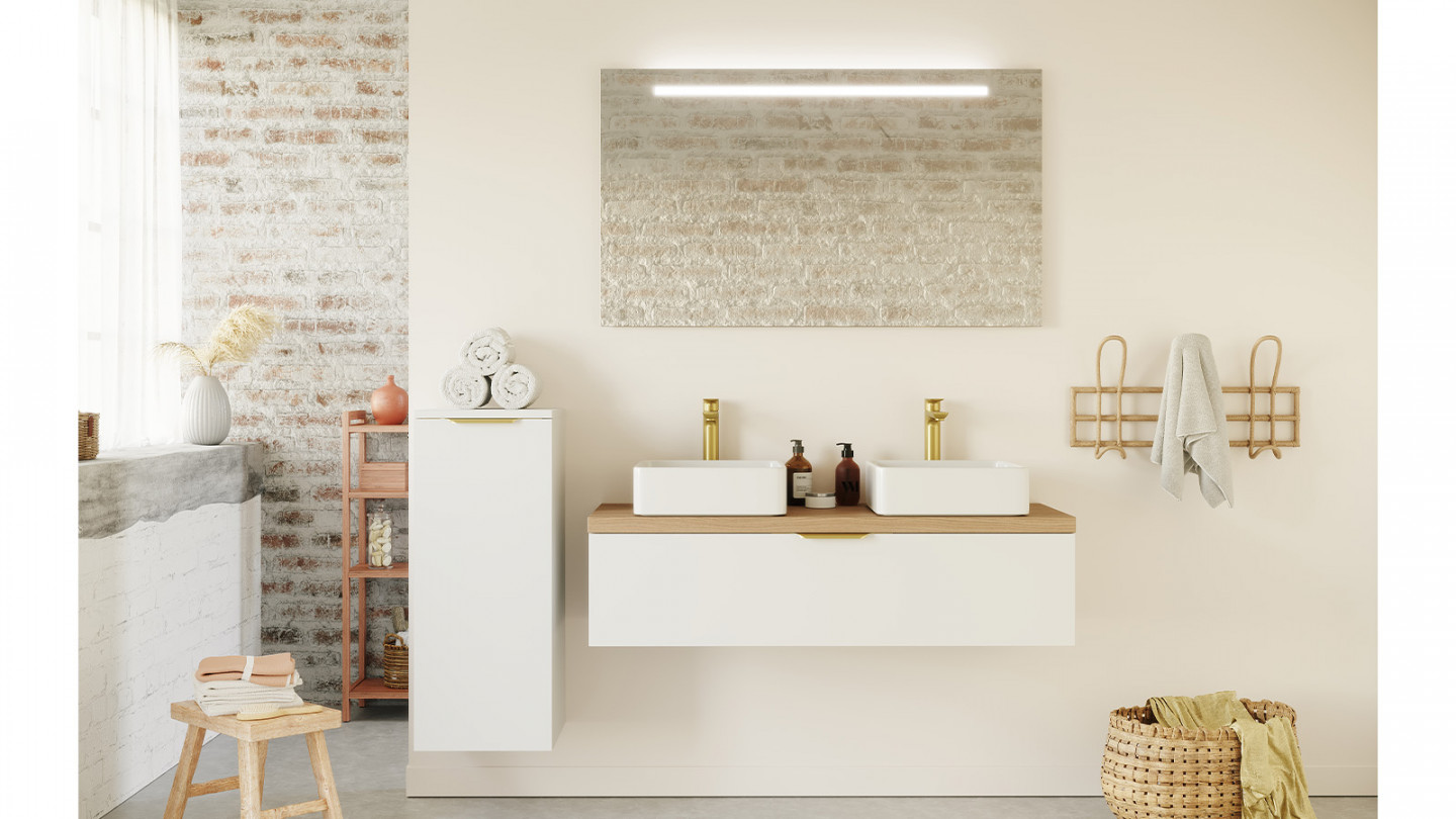 Meuble de salle de bain suspendu 2 vasques à poser 120cm 1 tiroir Blanc - Swing