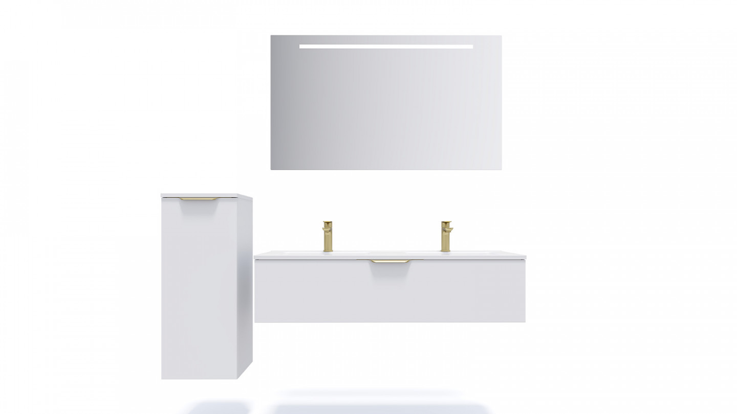 Meuble de salle de bain suspendu double vasque intégrée 120cm 1 tiroir Blanc + miroir - Swing