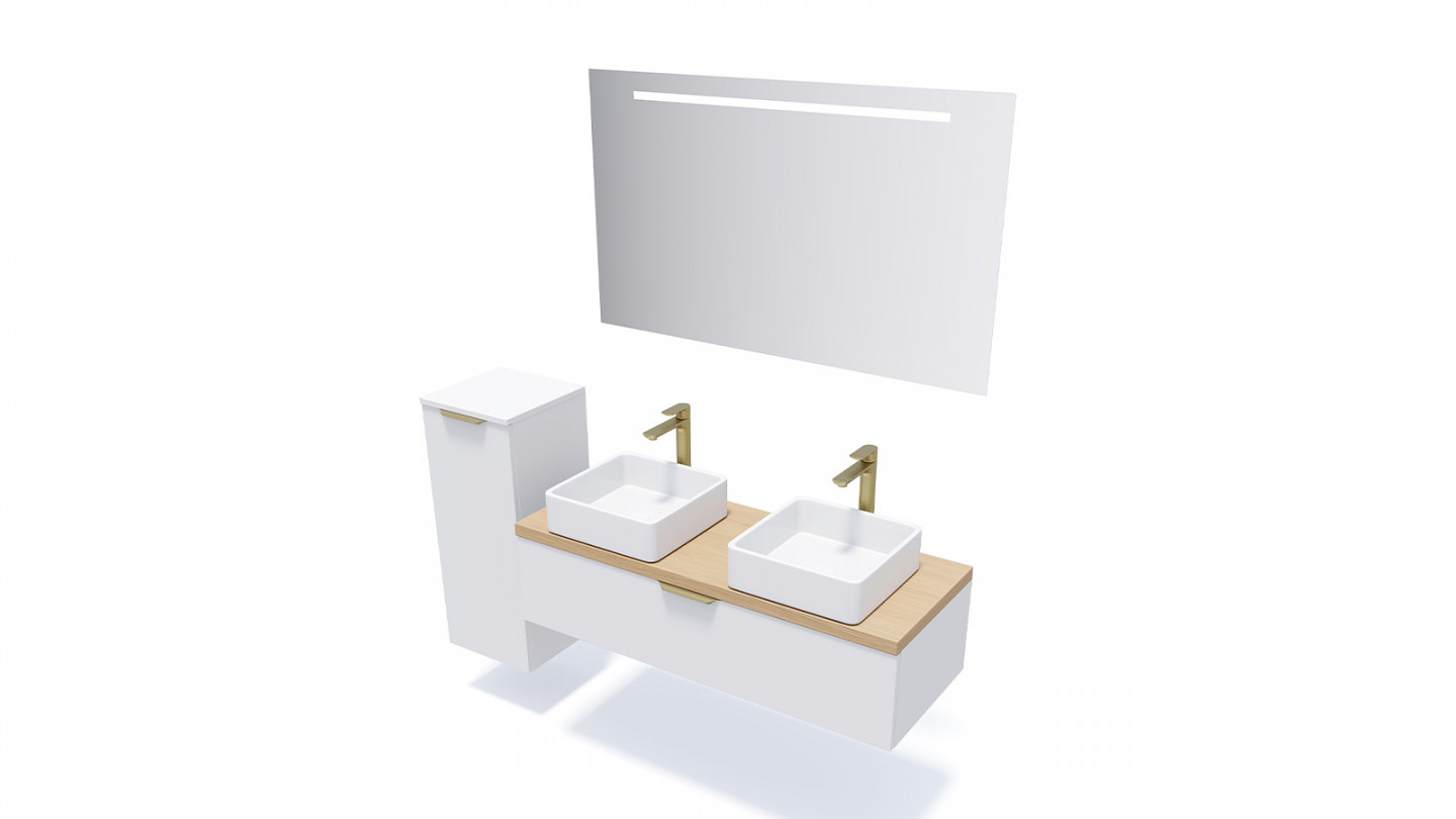 Meuble de salle de bain suspendu 2 vasques à poser 120cm 1 tiroir Blanc + miroir + colonne ouverture gauche - Swing