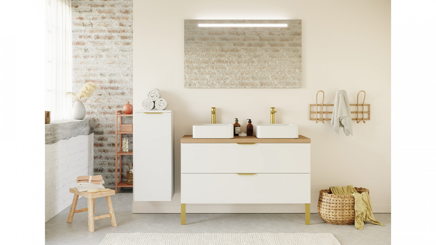 Meuble de salle de bain suspendu 2 vasques à poser 120cm 2 tiroirs Blanc + miroir + colonne ouverture gauche - Swing