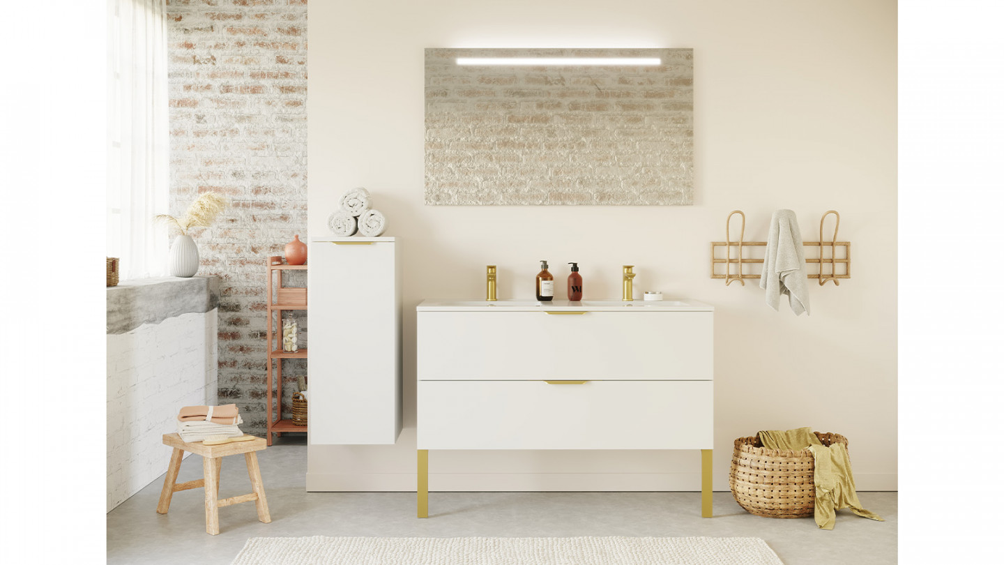 Meuble de salle de bain suspendu double vasque intégrée 120cm 2 tiroirs Blanc + miroir + colonne ouverture gauche - Swing