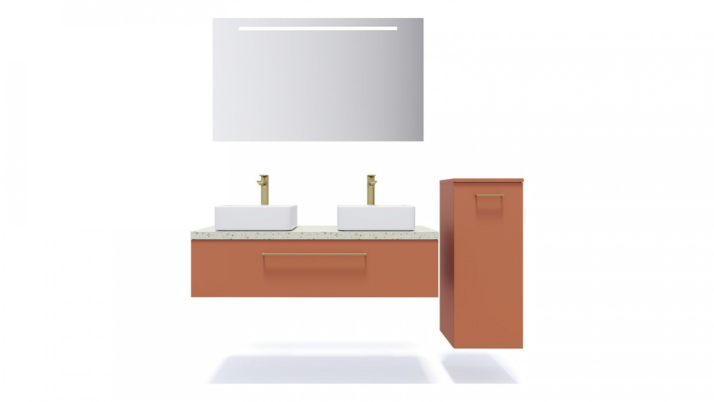 Meuble de salle de bain suspendu 2 vasques à poser 120cm 1 tiroir Terracotta + miroir + colonne ouverture droite - Osmose