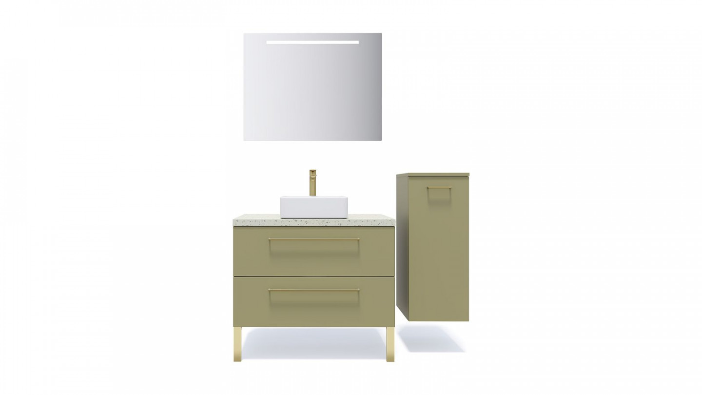Meuble de salle de bain suspendu vasque à poser 90cm 2 tiroirs Vert olive + miroir + colonne ouverture droite - Osmose