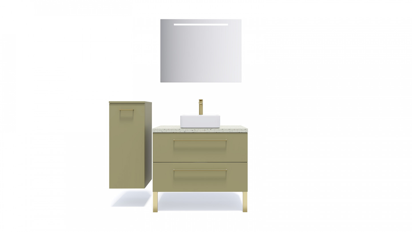 Meuble de salle de bain suspendu vasque à poser 90cm 2 tiroirs Vert olive + miroir + colonne ouverture gauche - Osmose