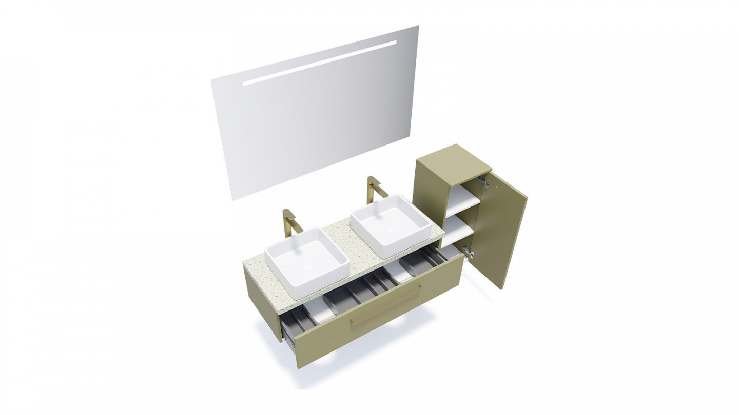 Meuble de salle de bain suspendu 2 vasques à poser 120cm 1 tiroir Vert olive + miroir + colonne ouverture droite - Osmose