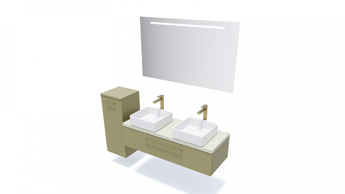Meuble de salle de bain suspendu 2 vasques à poser 120cm 1 tiroir Vert olive + miroir + colonne ouverture gauche - Osmose