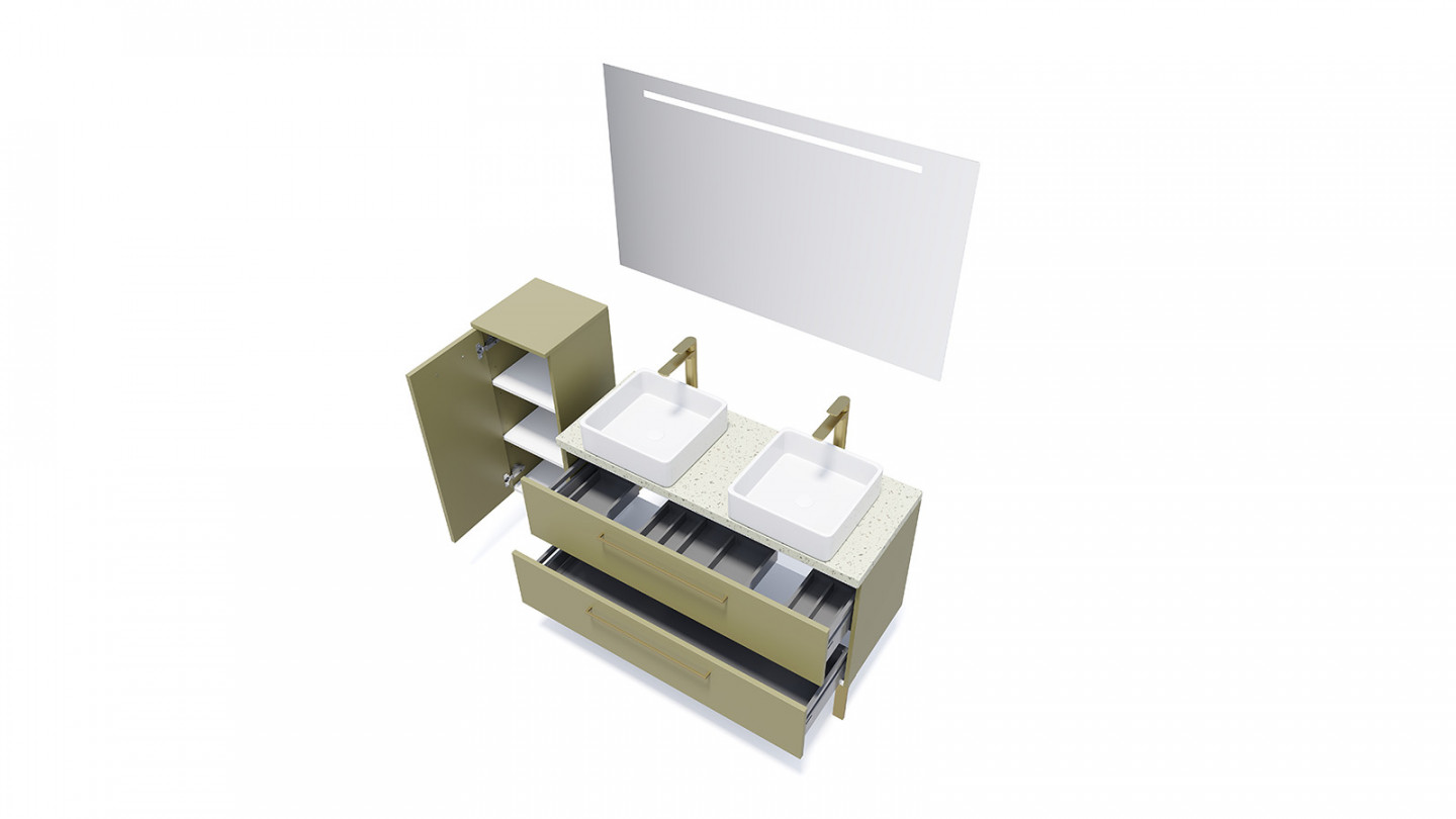 Meuble de salle de bain suspendu 2 vasques à poser 120cm 2 tiroirs Vert olive - Osmose