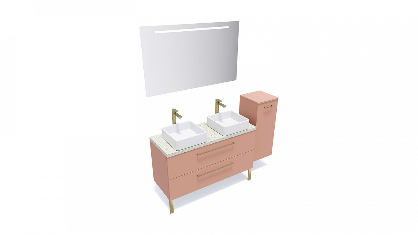 Meuble de salle de bain suspendu 2 vasques à poser 120cm 2 tiroirs Abricot + miroir + colonne ouverture droite - Osmose