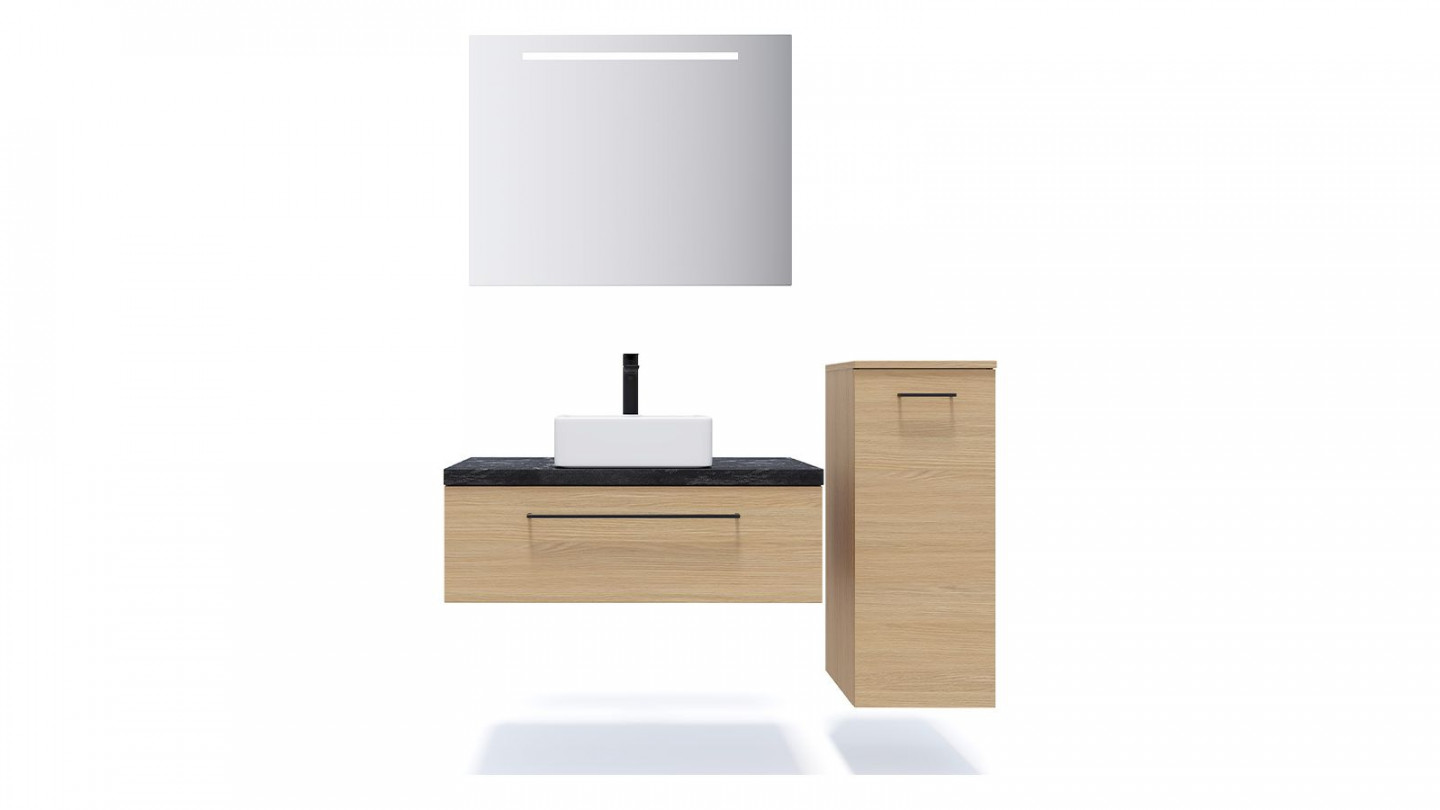 Meuble de salle de bain suspendu vasque à poser 90cm 1 tiroir Chêne clair + miroir + colonne ouverture droite - Osmose
