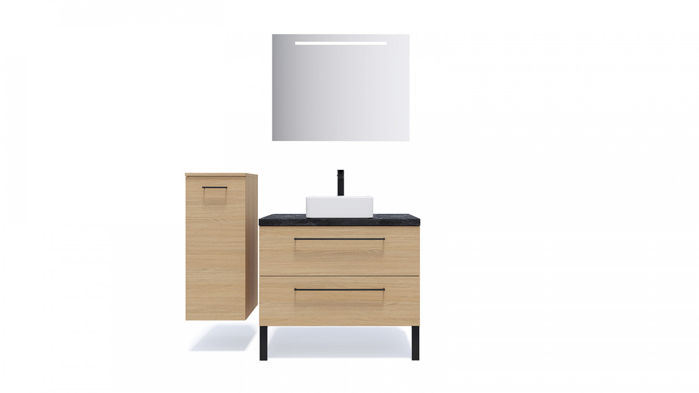 Meuble de salle de bain suspendu vasque à poser 90cm 2 tiroirs Chêne clair + miroir + colonne ouverture gauche - Osmose