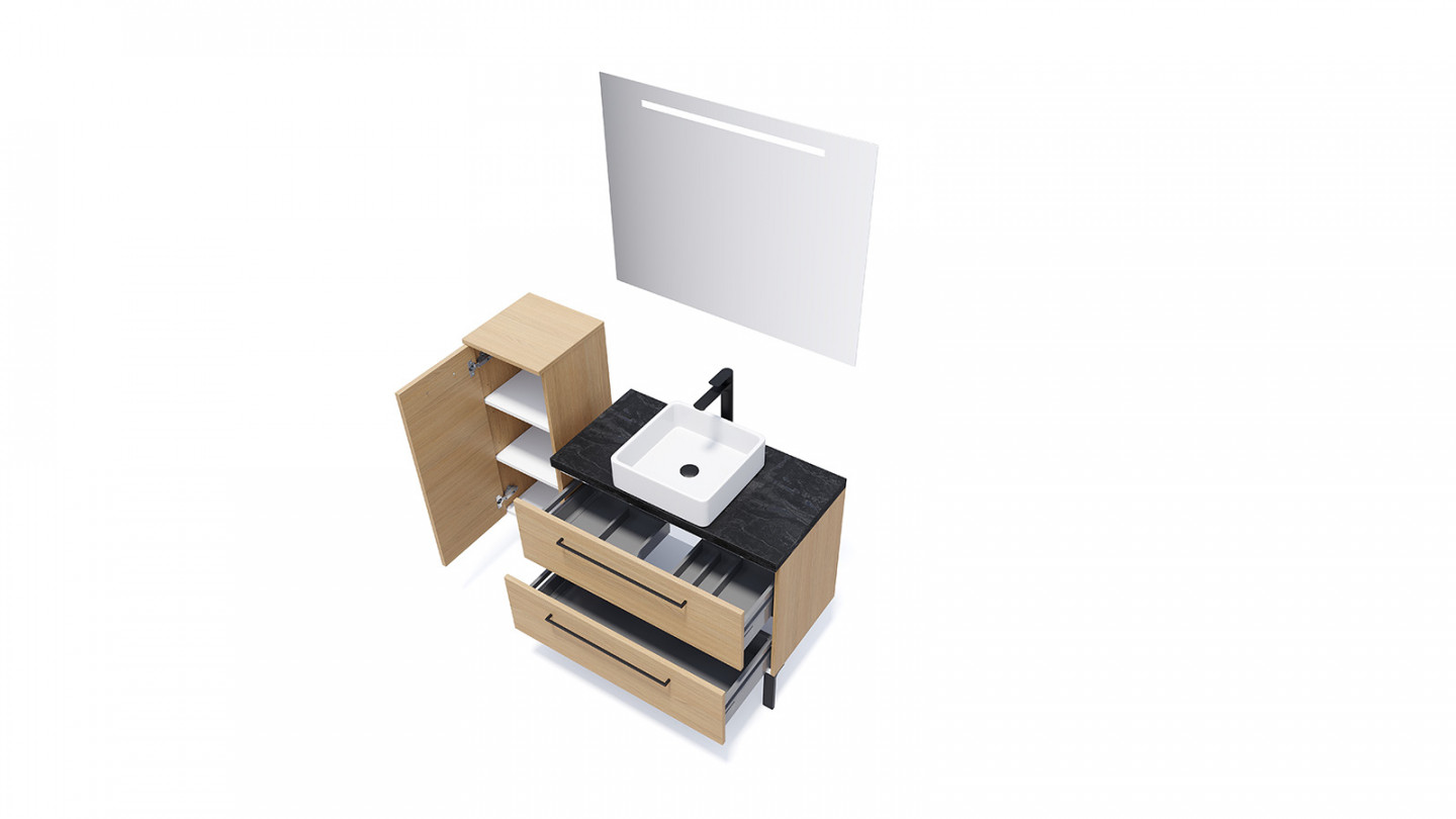 Meuble de salle de bain suspendu vasque à poser 90cm 2 tiroirs Chêne clair + miroir + colonne ouverture gauche - Osmose
