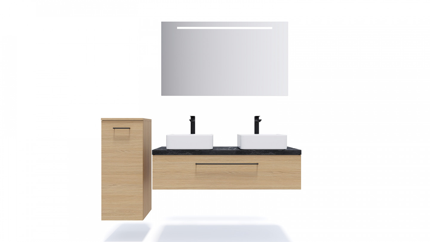 Meuble de salle de bain suspendu 2 vasques à poser 120cm 1 tiroir Chêne clair + miroir - Osmose