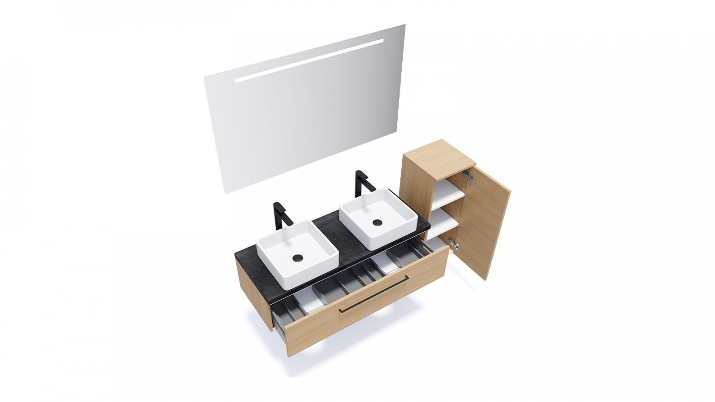 Meuble de salle de bain suspendu 2 vasques à poser 120cm 1 tiroir Chêne clair + miroir + colonne ouverture droite - Osmose