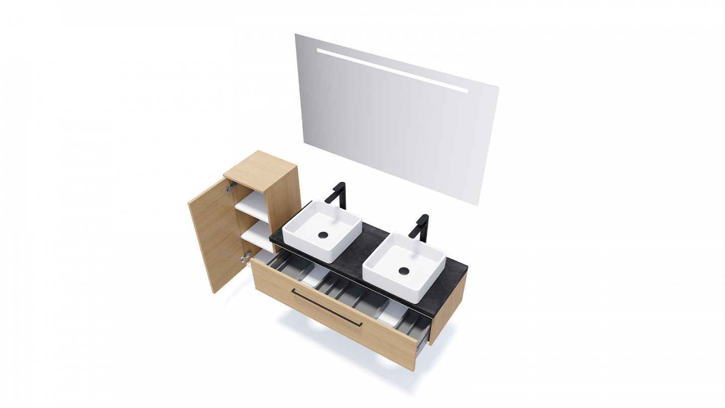 Meuble de salle de bain suspendu 2 vasques à poser 120cm 1 tiroir Chêne clair + miroir + colonne ouverture gauche - Osmose