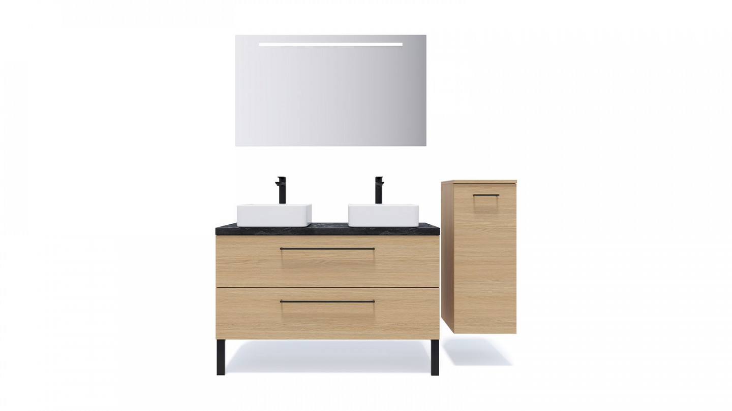Meuble de salle de bain suspendu 2 vasques à poser 120cm 2 tiroirs Chêne clair + miroir + colonne ouverture droite - Osmose