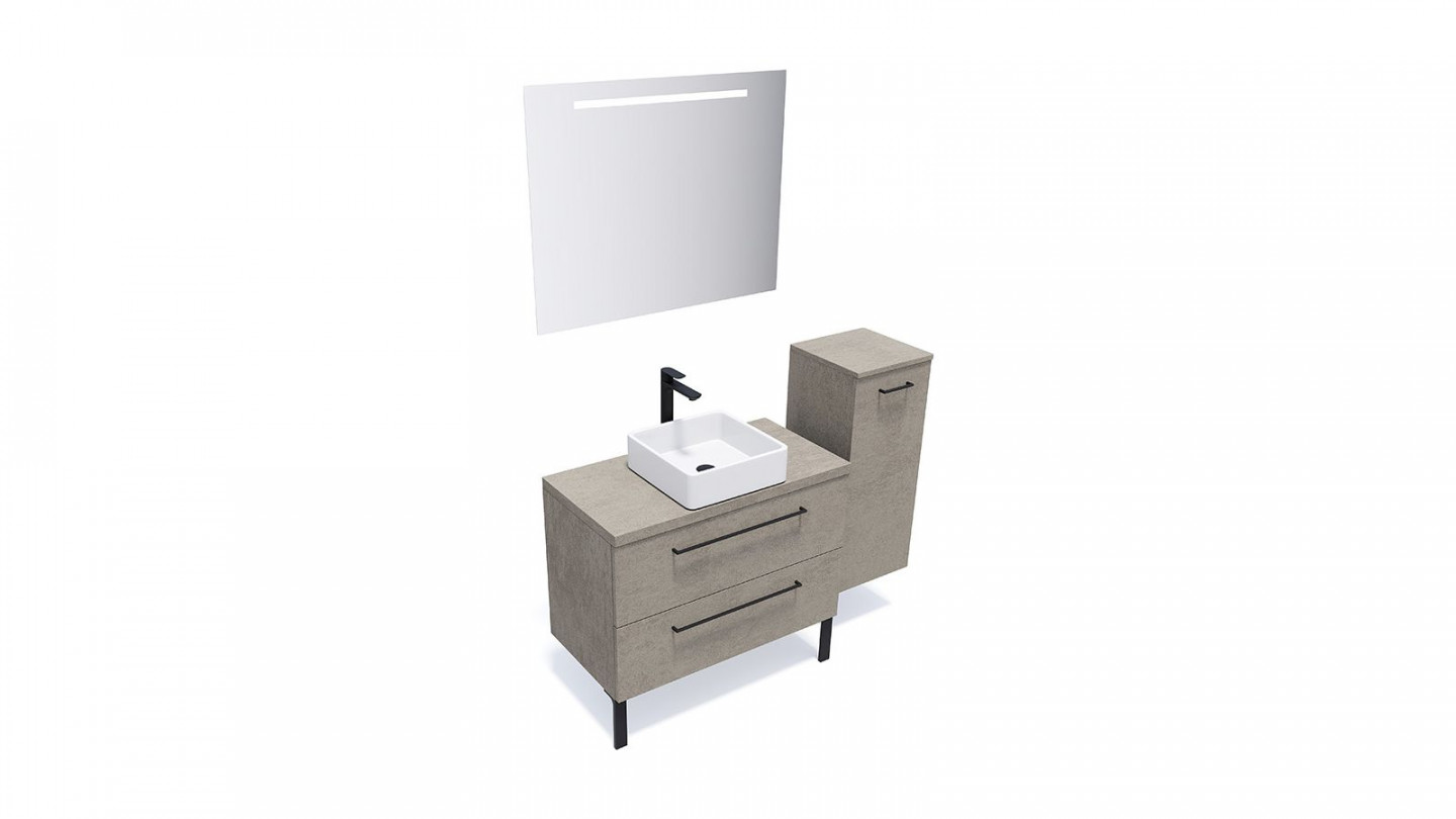 Meuble de salle de bain suspendu vasque à poser 90cm 2 tiroirs façon Béton + miroir + colonne ouverture droite - Osmose