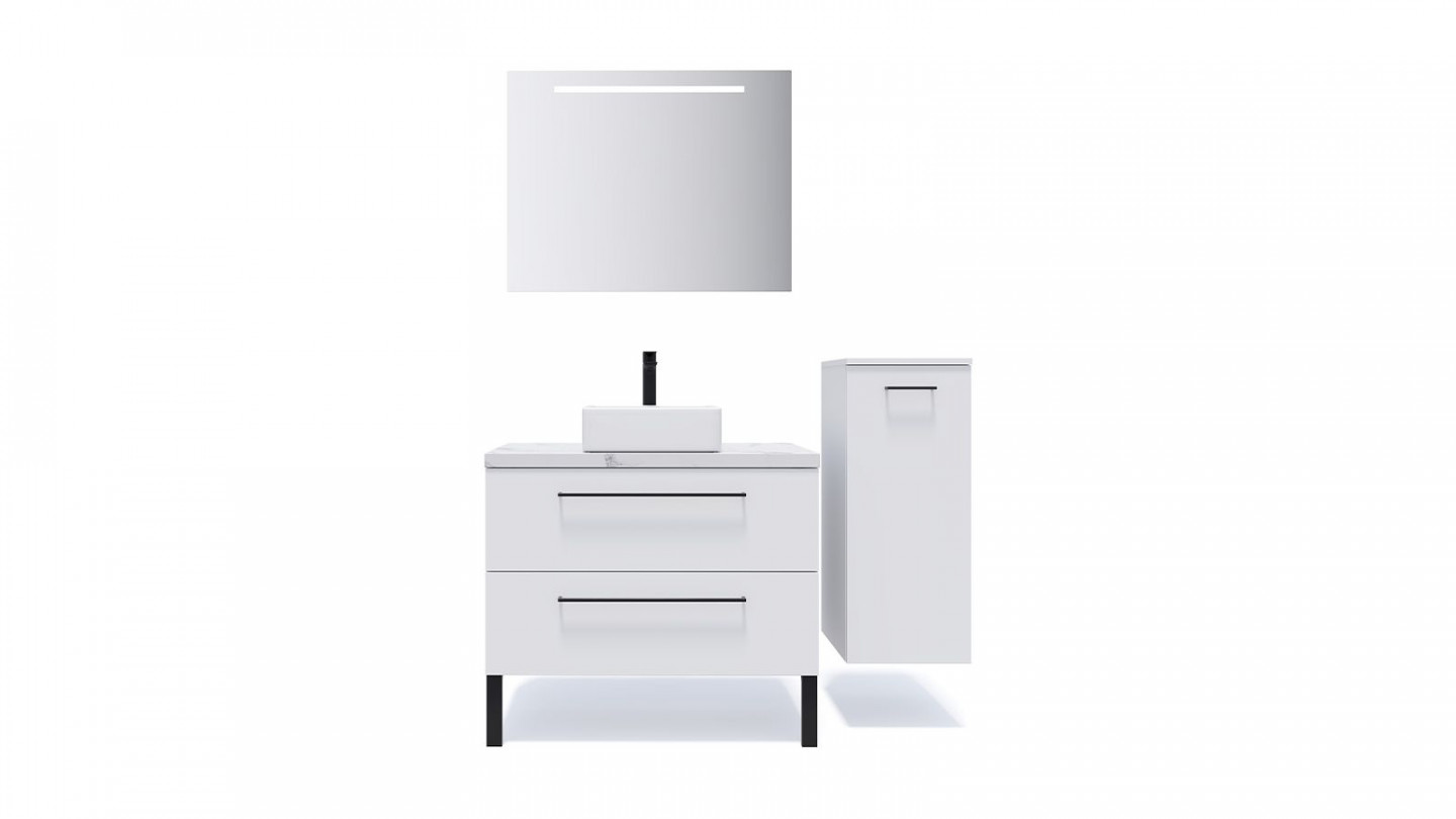 Meuble de salle de bain suspendu vasque à poser 90cm 2 tiroirs Blanc + miroir + colonne ouverture droite - Osmose