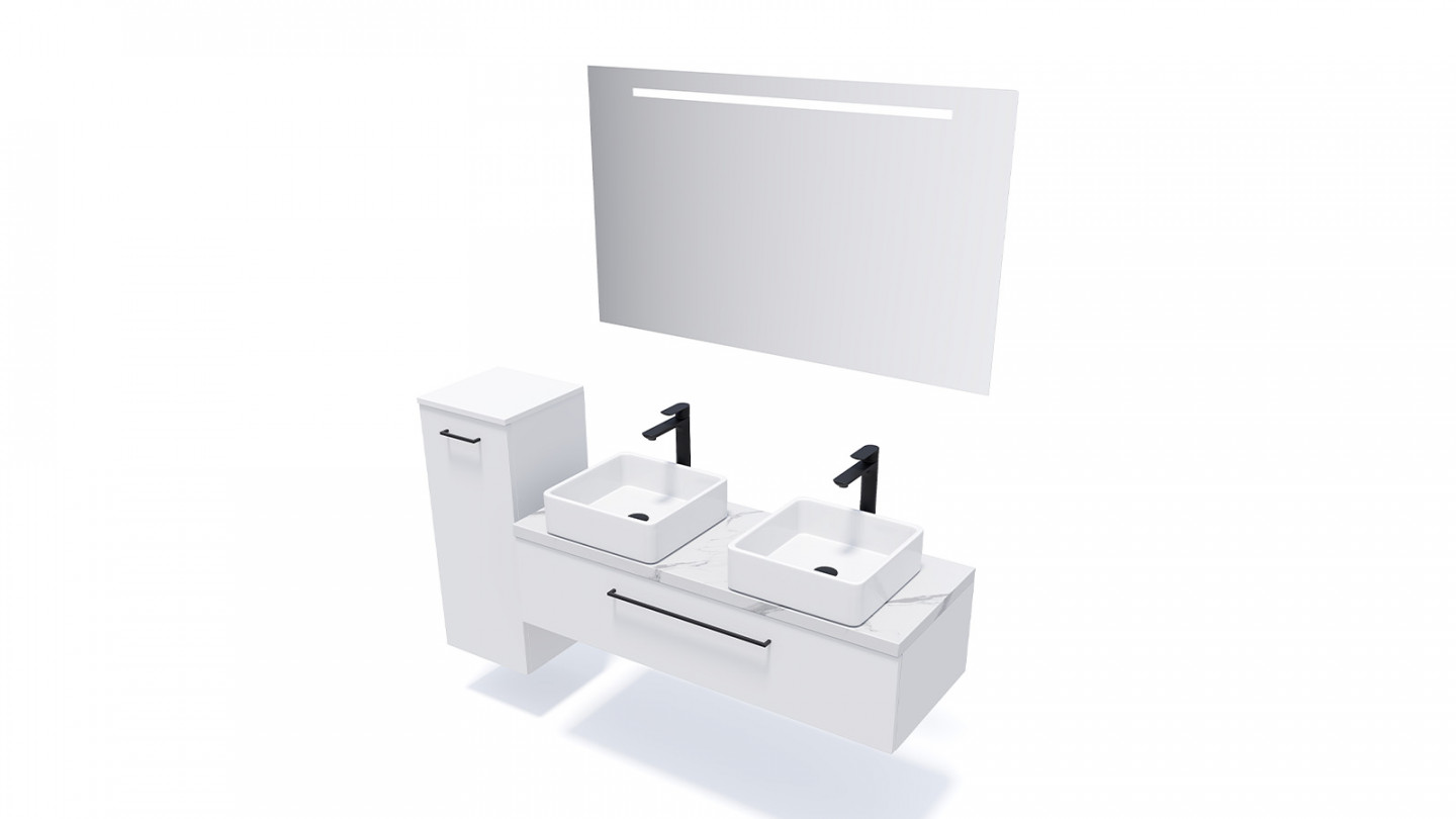 Meuble de salle de bain suspendu 2 vasques à poser 120cm 1 tiroir Blanc + miroir - Osmose