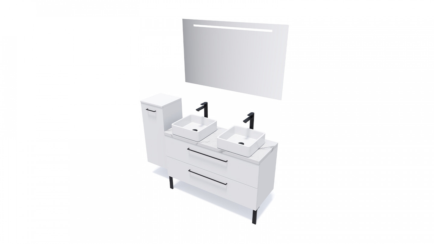 Meuble de salle de bain suspendu 2 vasques à poser 120cm 2 tiroirs Blanc + miroir - Osmose