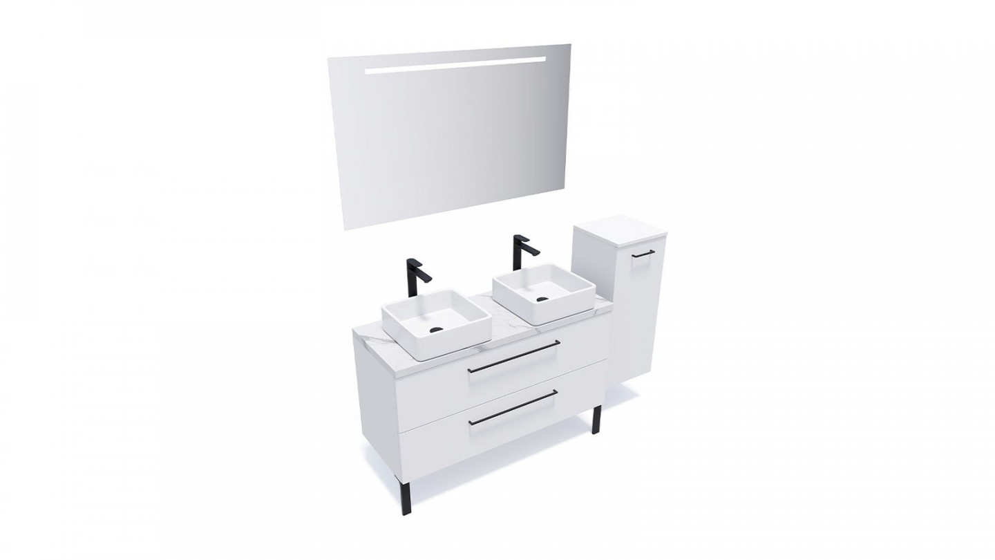 Meuble de salle de bain suspendu 2 vasques à poser 120cm 2 tiroirs Blanc + miroir + colonne ouverture droite - Osmose