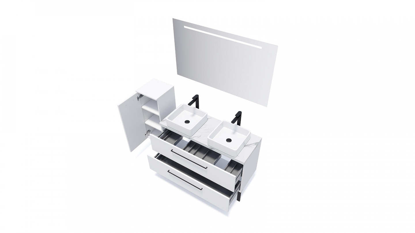 Meuble de salle de bain suspendu 2 vasques à poser 120cm 2 tiroirs Blanc + miroir + colonne ouverture gauche - Osmose