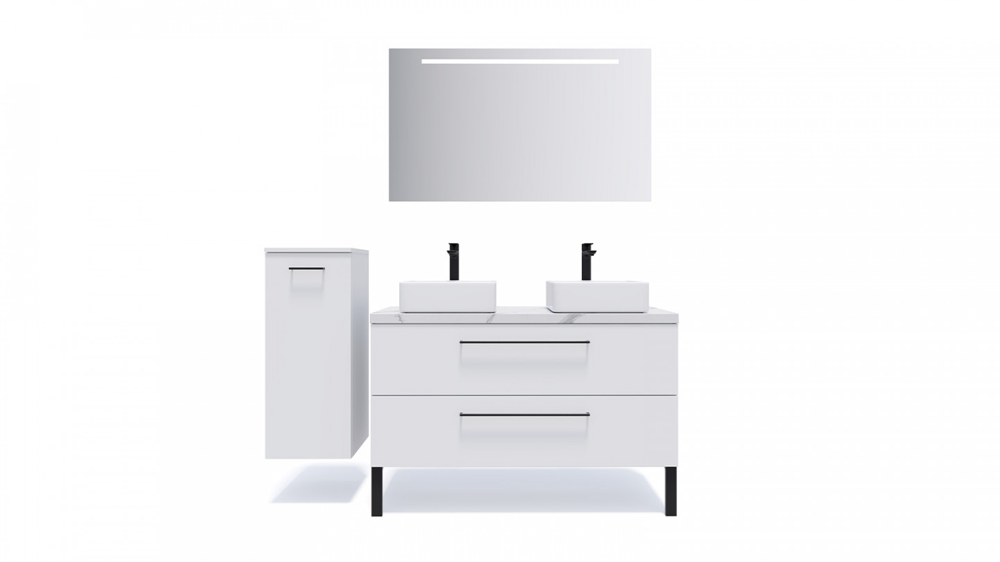 Meuble de salle de bain suspendu 2 vasques à poser 120cm 2 tiroirs Blanc + miroir + colonne ouverture gauche - Osmose