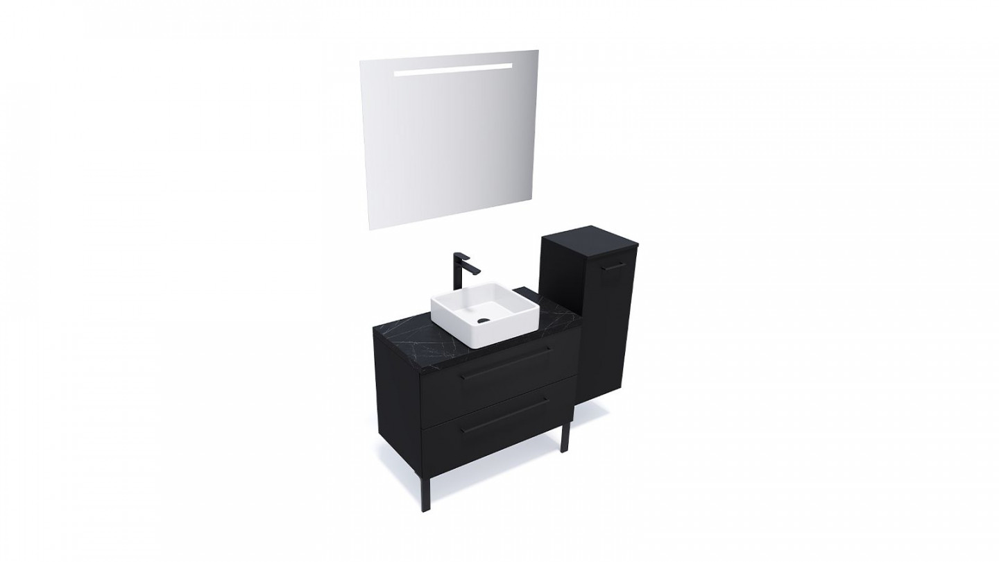 Meuble de salle de bain suspendu vasque à poser 90cm 2 tiroirs Noir + miroir + colonne ouverture droite - Osmose