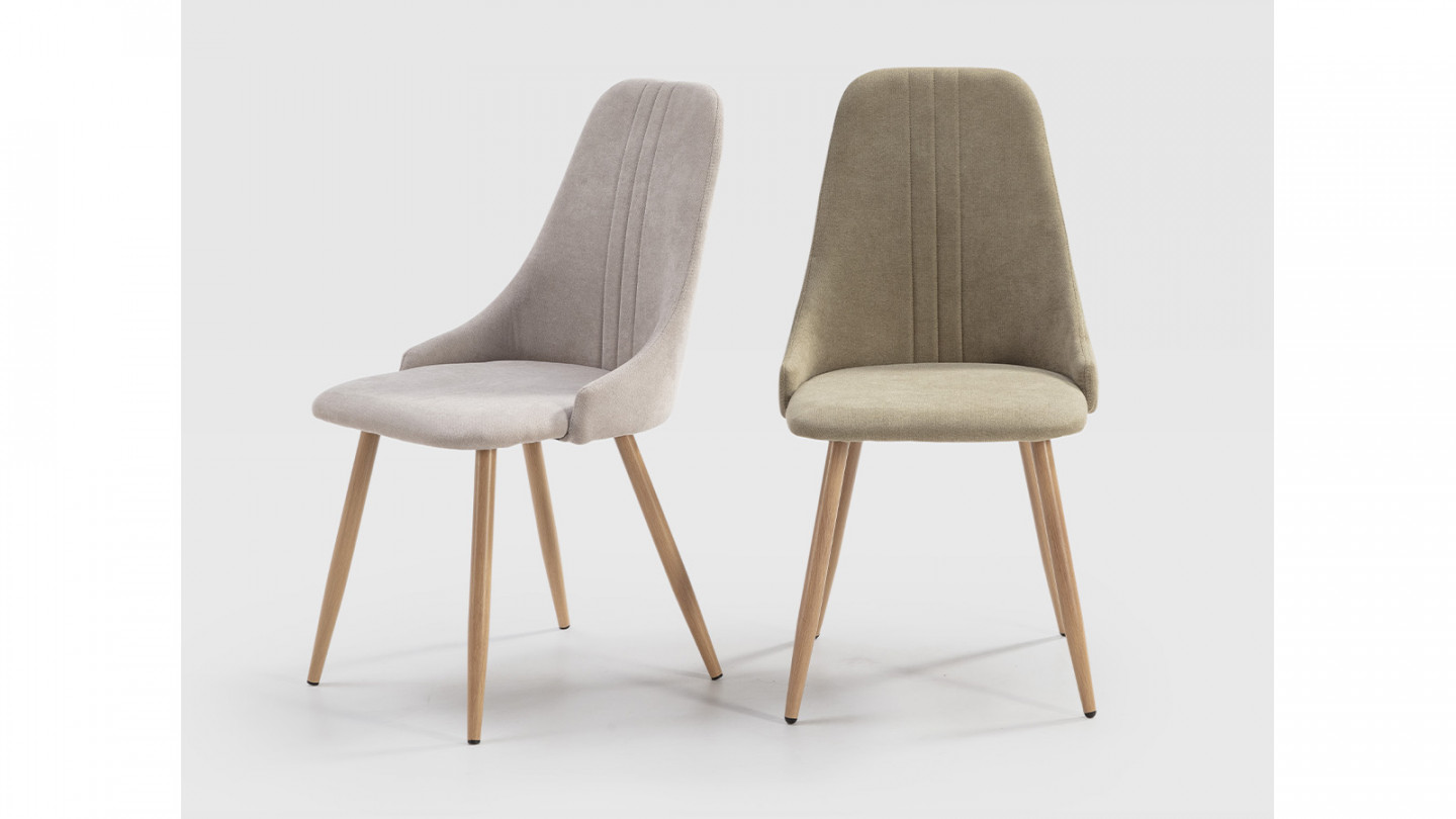 Lot de 4 chaises en tissu vert pâle, piètement métal effet bois - Vicky